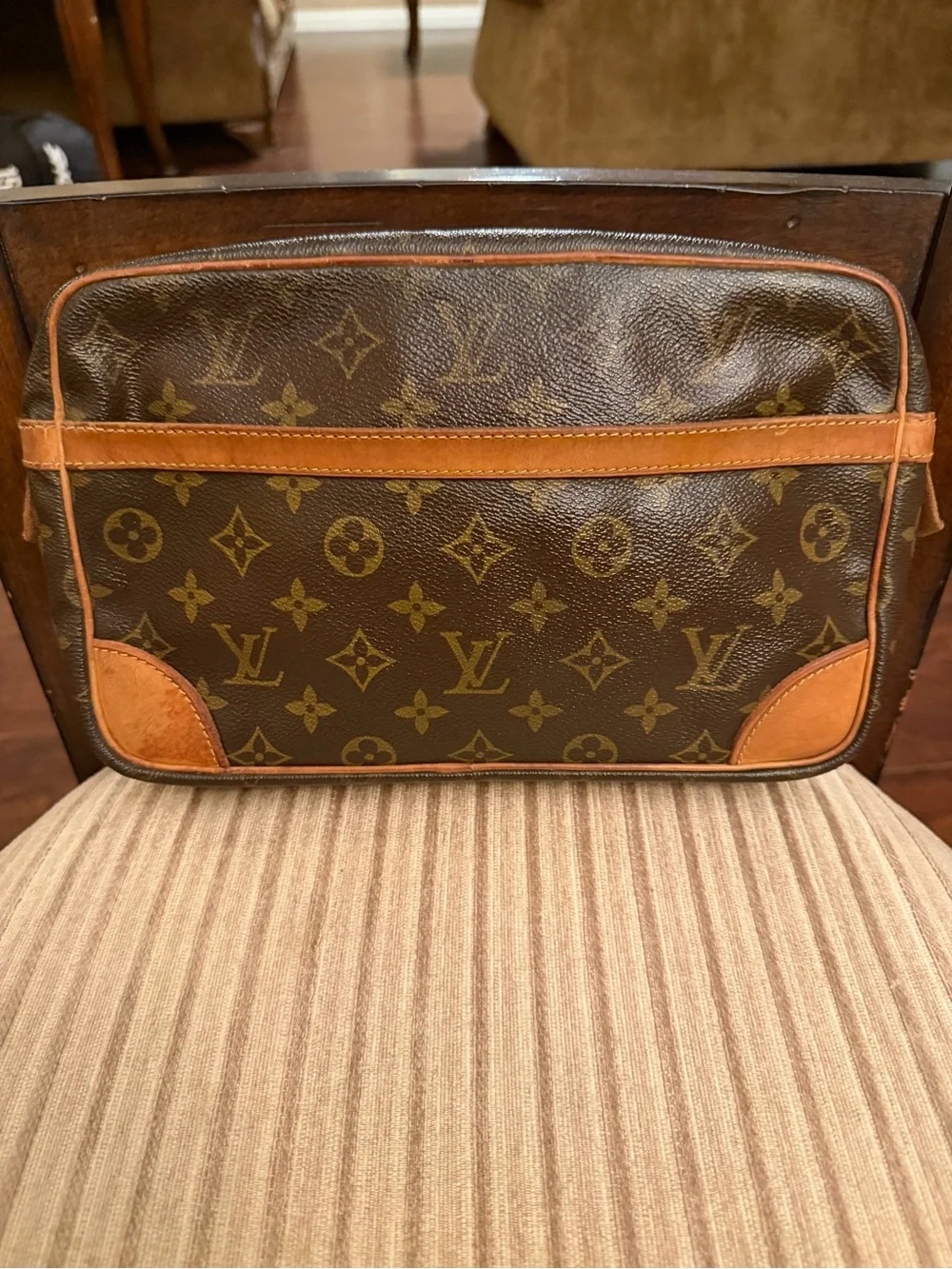Louis Vuitton Compiegne 28 Brown Monogram Canvas Clutch with Tan Leather Trim